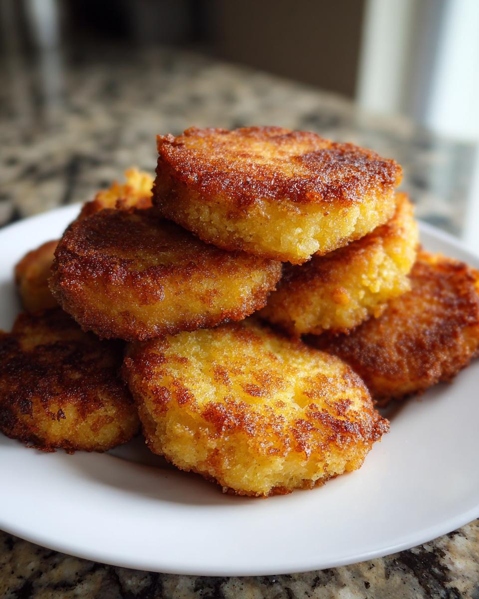 A stack of golden brown, perfectly round pieces of fried cornbread piled on a white plate.