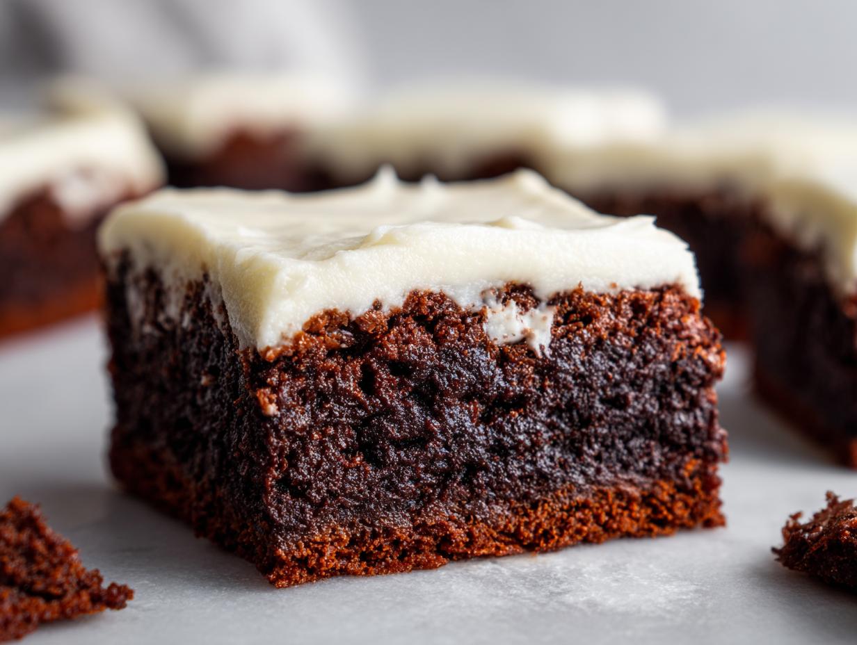 A close-up shot of a rich, dark gingerbread brownies square topped with thick, creamy white frosting.
