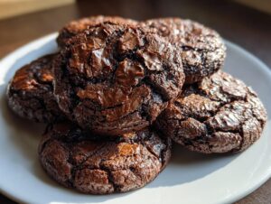 A stack of rich, dark chocolate brownie cookies with cracked, glossy tops, sitting on a white plate.