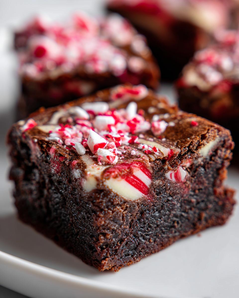 A close-up of a fudgy candy cane brownies square topped with crushed peppermint candy pieces.