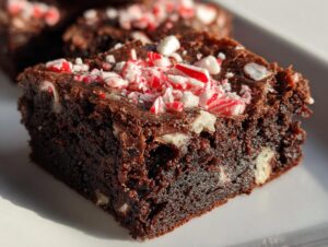 A close-up of a fudgy square of candy cane brownies topped with crushed red and white peppermint pieces.