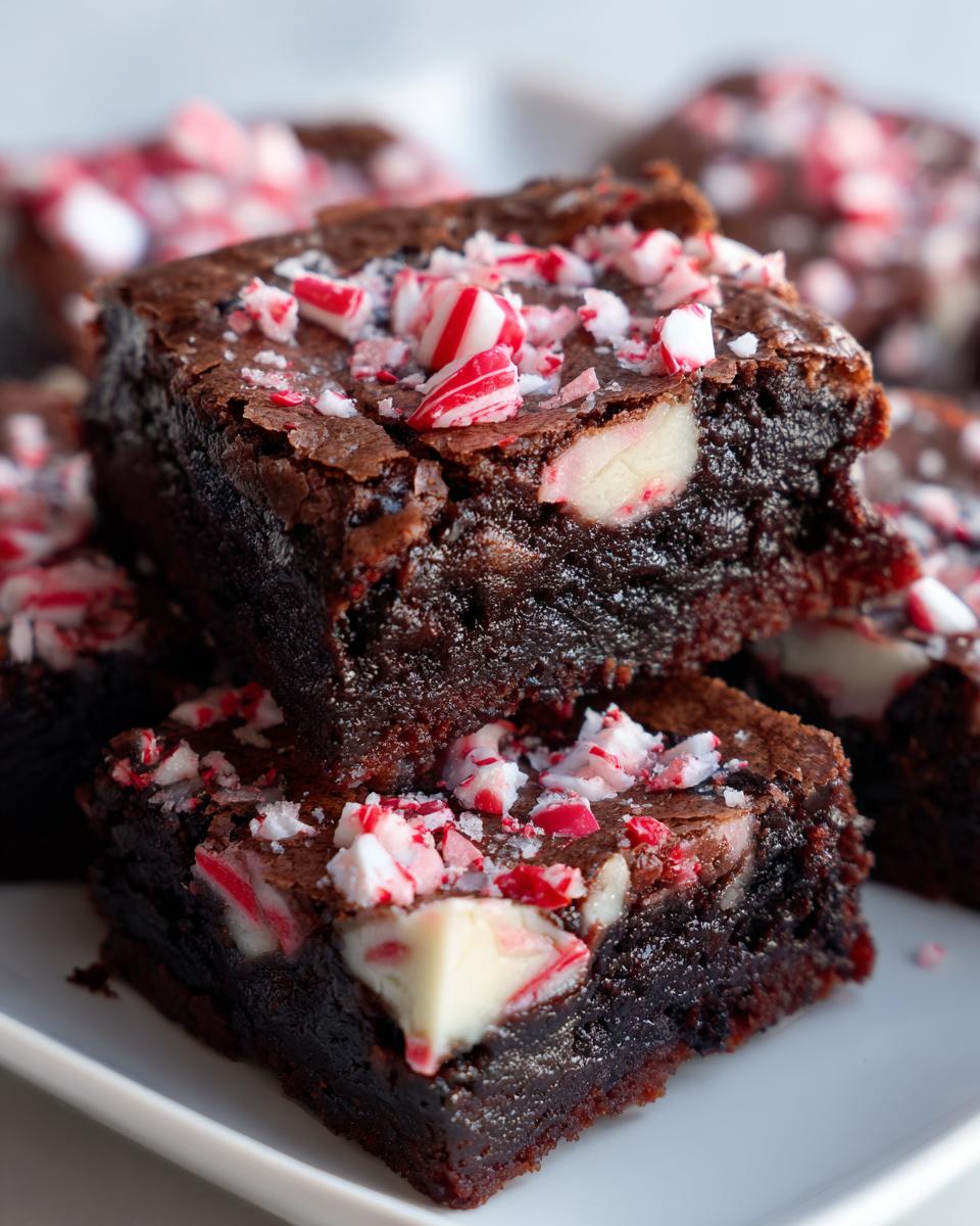 Close-up of fudgy candy cane brownies topped with crushed peppermint candy pieces.