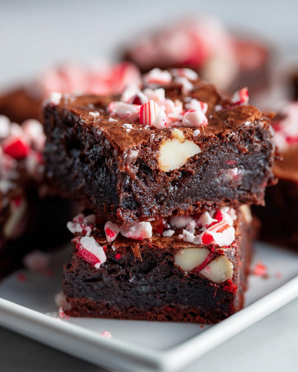 Two fudgy candy cane brownies stacked, topped with crushed peppermint and visible nuts.