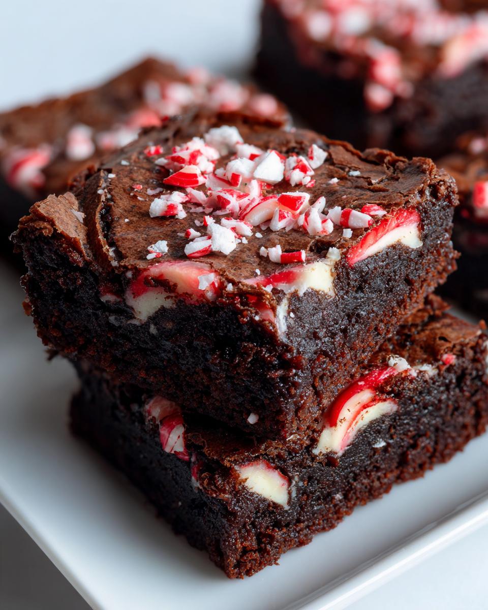 Close-up of two stacked, fudgy candy cane brownies topped with crushed peppermint pieces.