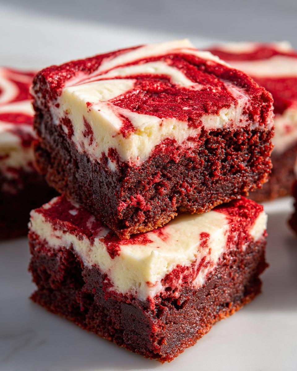 Two stacked, fudgy red velvet brownies featuring a vibrant red base and a marbled cream cheese swirl topping.