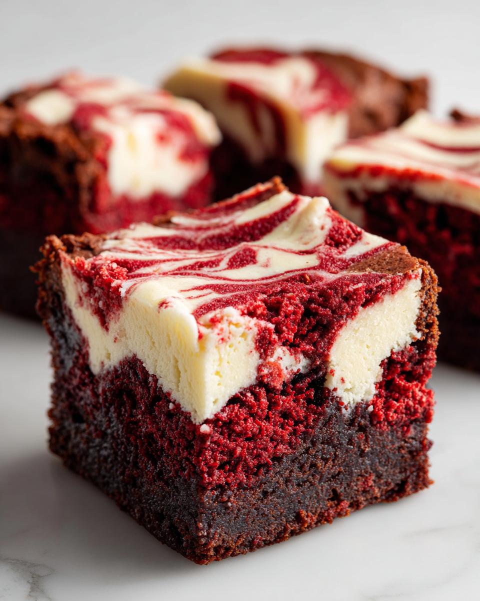 Close-up of a fudgy red velvet brownie square topped with a white cream cheese swirl.