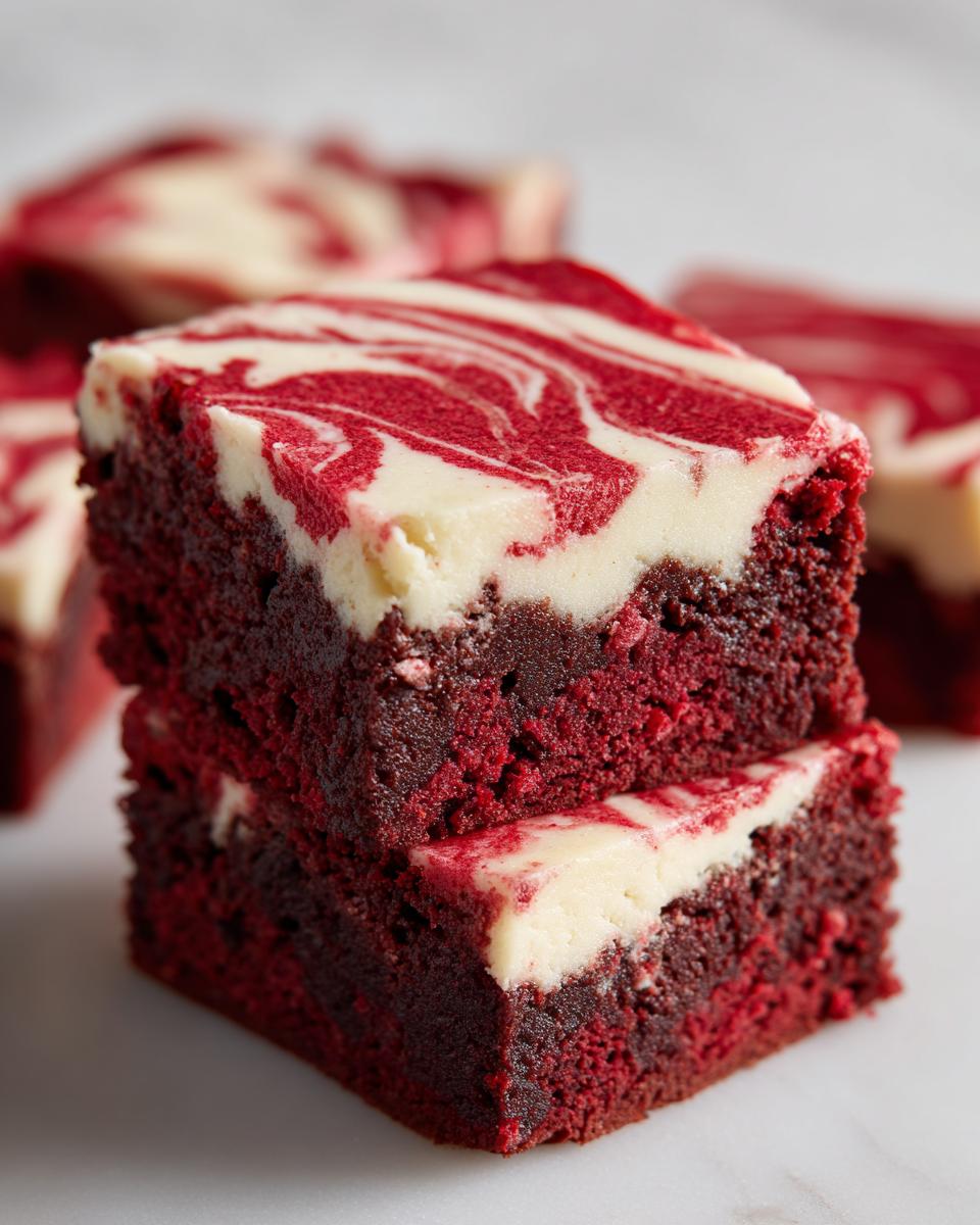 Two stacked, fudgy red velvet brownies with a marbled cream cheese swirl topping.