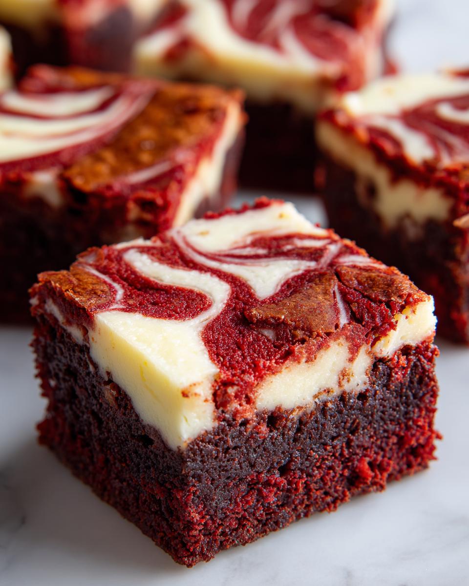 Close-up of a fudgy red velvet brownies square with a prominent cream cheese swirl topping.