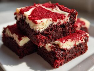 Close-up of stacked, fudgy red velvet brownies featuring a distinct cream cheese swirl topping.