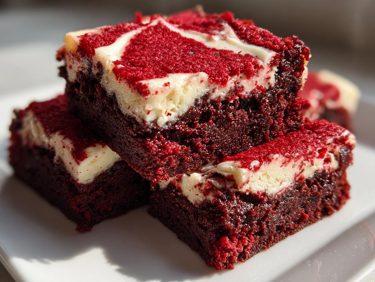 Close-up of stacked, fudgy red velvet brownies featuring a distinct cream cheese swirl topping.