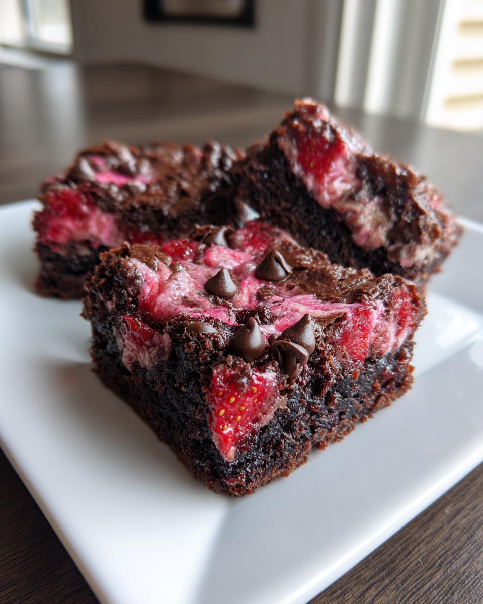 Close-up of fudgy strawberry brownies featuring visible strawberry pieces and chocolate chips on a white plate.