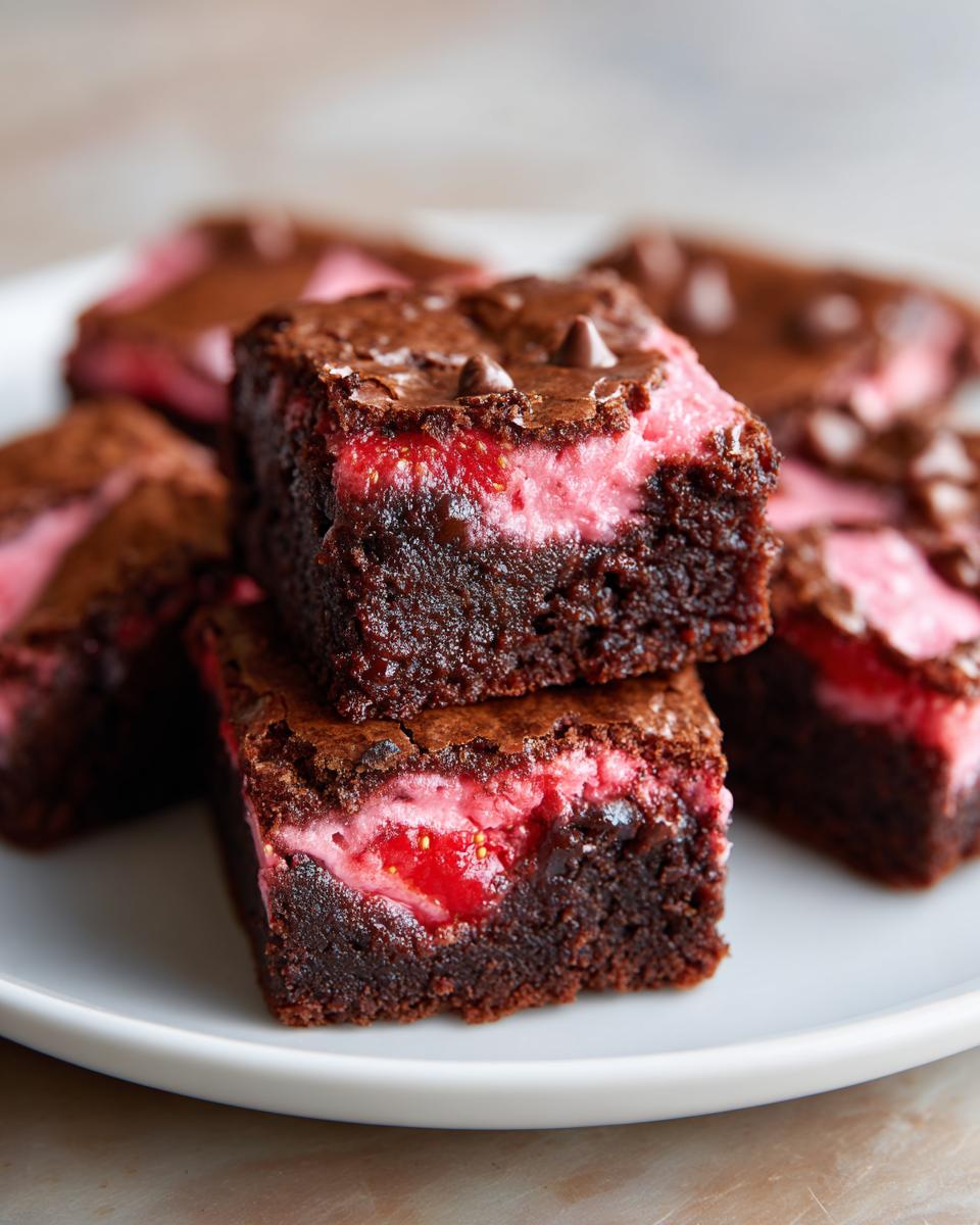 Close-up of fudgy strawberry brownies stacked, showing the dark chocolate base and bright pink strawberry swirl filling.