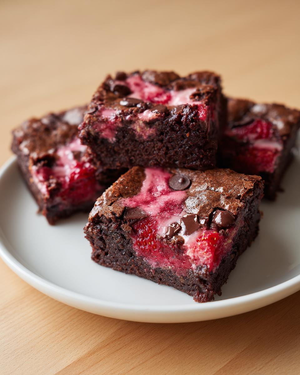 Close-up of fudgy strawberry brownies stacked on a white plate, showing bright red fruit swirls.