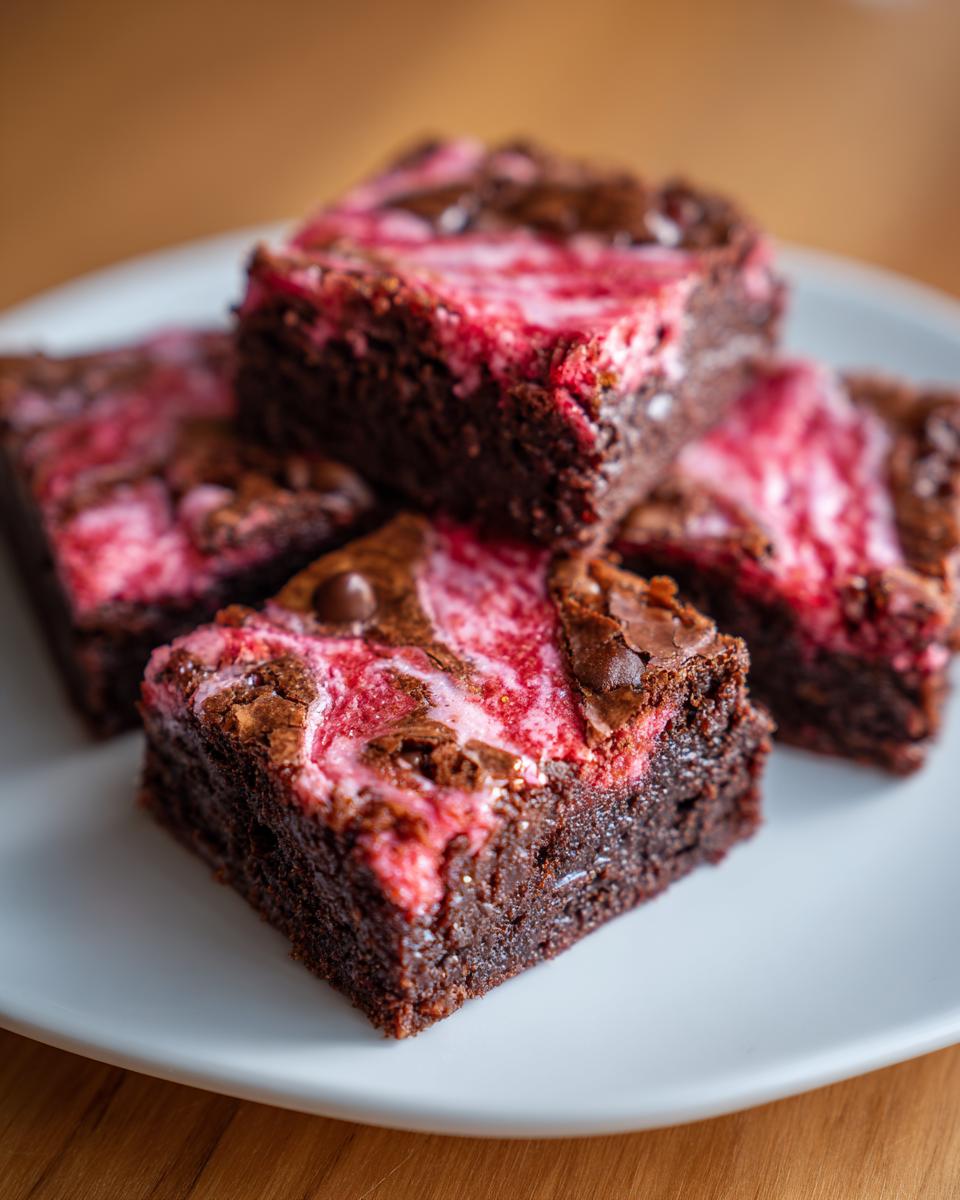 Four fudgy strawberry brownies with pink and red swirls on a white plate.