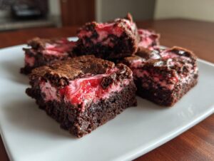 Close-up of several fudgy strawberry brownies stacked on a white plate, showing a rich chocolate base and a bright pink strawberry swirl.