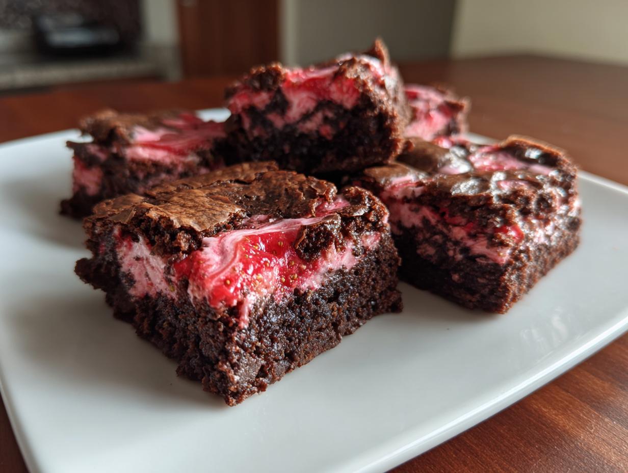 Close-up of several fudgy strawberry brownies stacked on a white plate, showing a rich chocolate base and a bright pink strawberry swirl.
