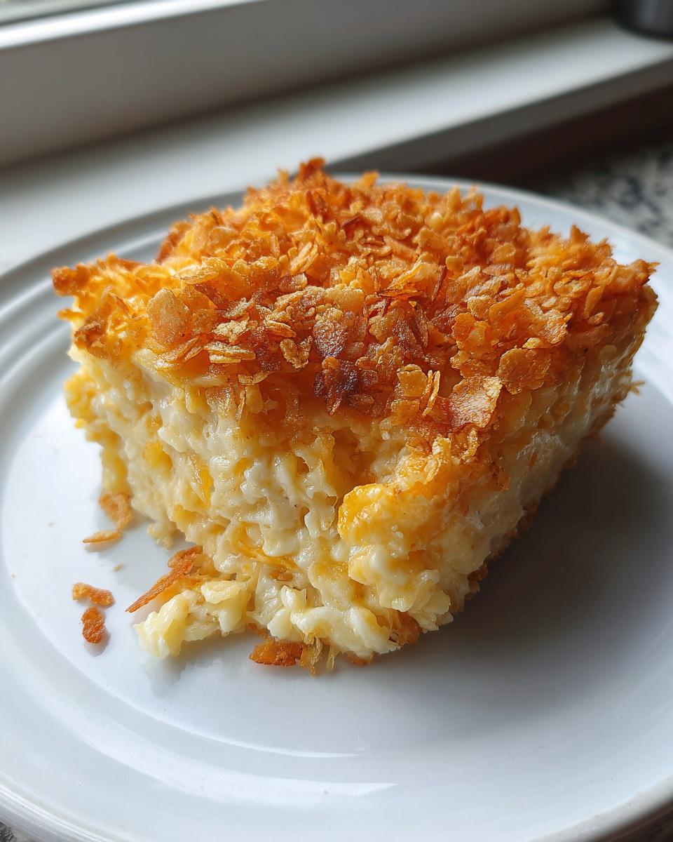 A close-up serving of creamy funeral potatoes recipe topped with golden, crunchy cornflakes on a white plate.
