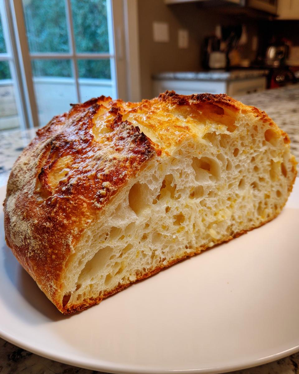 Close-up of a slice of homemade Garlic Parmesan bread showing a beautiful open crumb structure and golden crust.