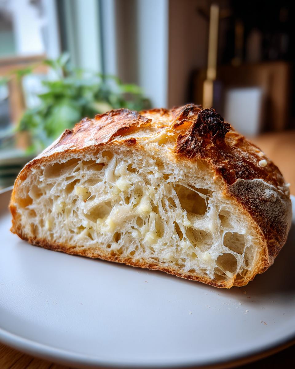 A close-up view of a slice of homemade garlic parmesan bread showing the airy interior and golden crust.