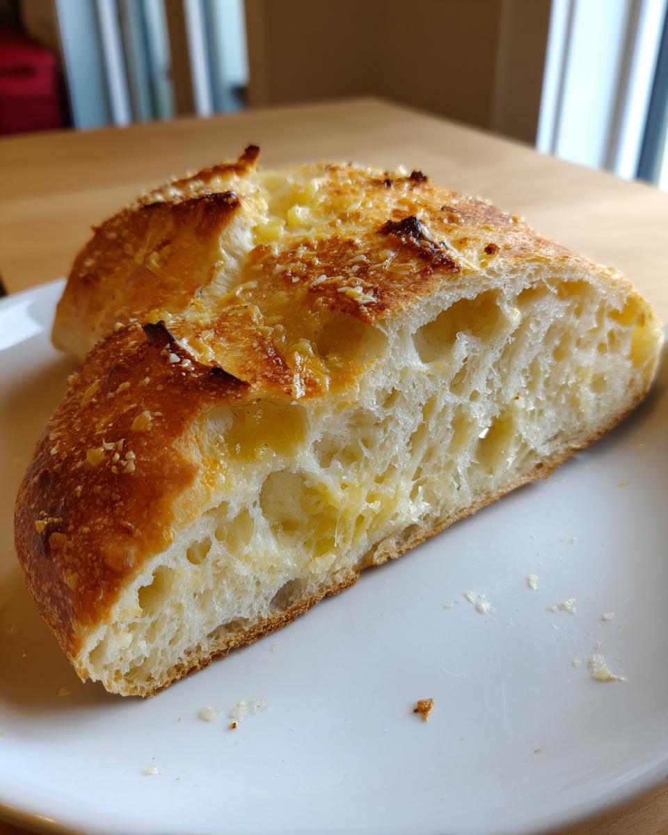 Close-up of a slice of Garlic Parmesan bread showing the airy interior crumb and cheesy topping.