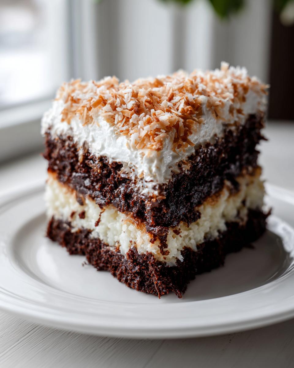 A decadent slice of german chocolate poke cake showing layers of dark chocolate cake and coconut filling, topped with whipped cream and toasted coconut.
