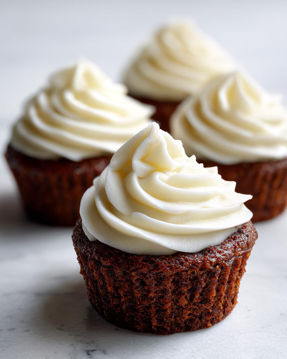A close-up of one perfectly frosted gingerbread cupcake with three more blurred in the background.
