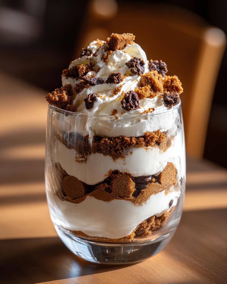 A close-up of a layered gingerbread trifle in a clear glass, topped with whipped cream and crumbs.
