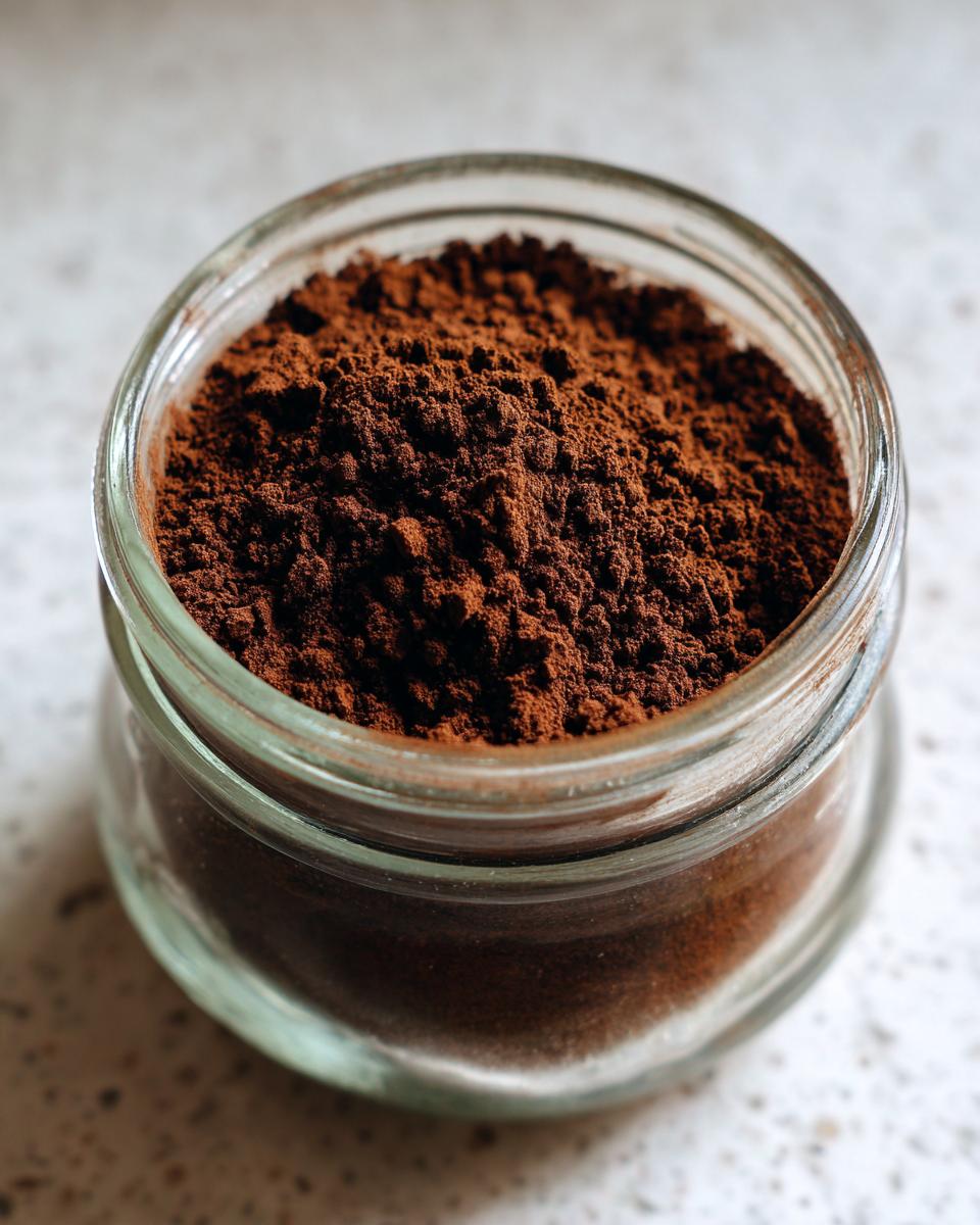 A close-up shot of rich, dark brown homemade hot cocoa mix filling a small glass jar.