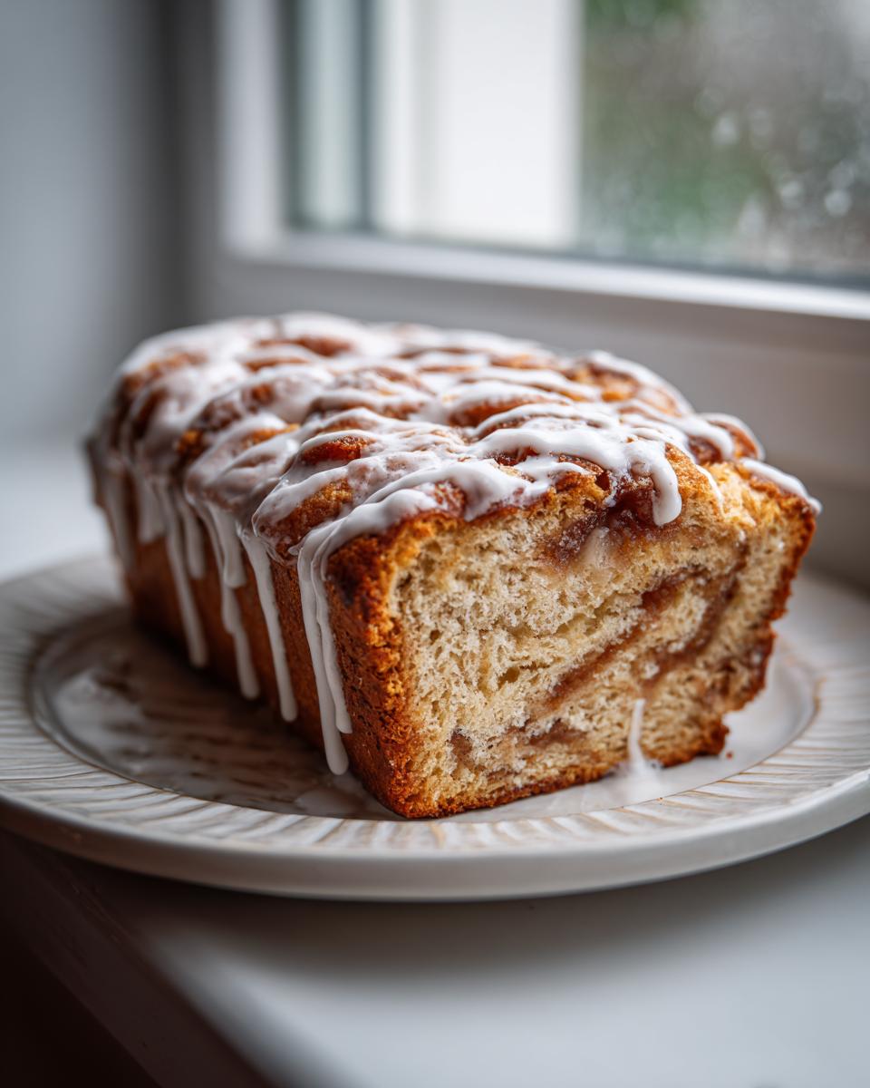 A loaf of apple fritter bread, sliced to show the swirl, drizzled with white icing.