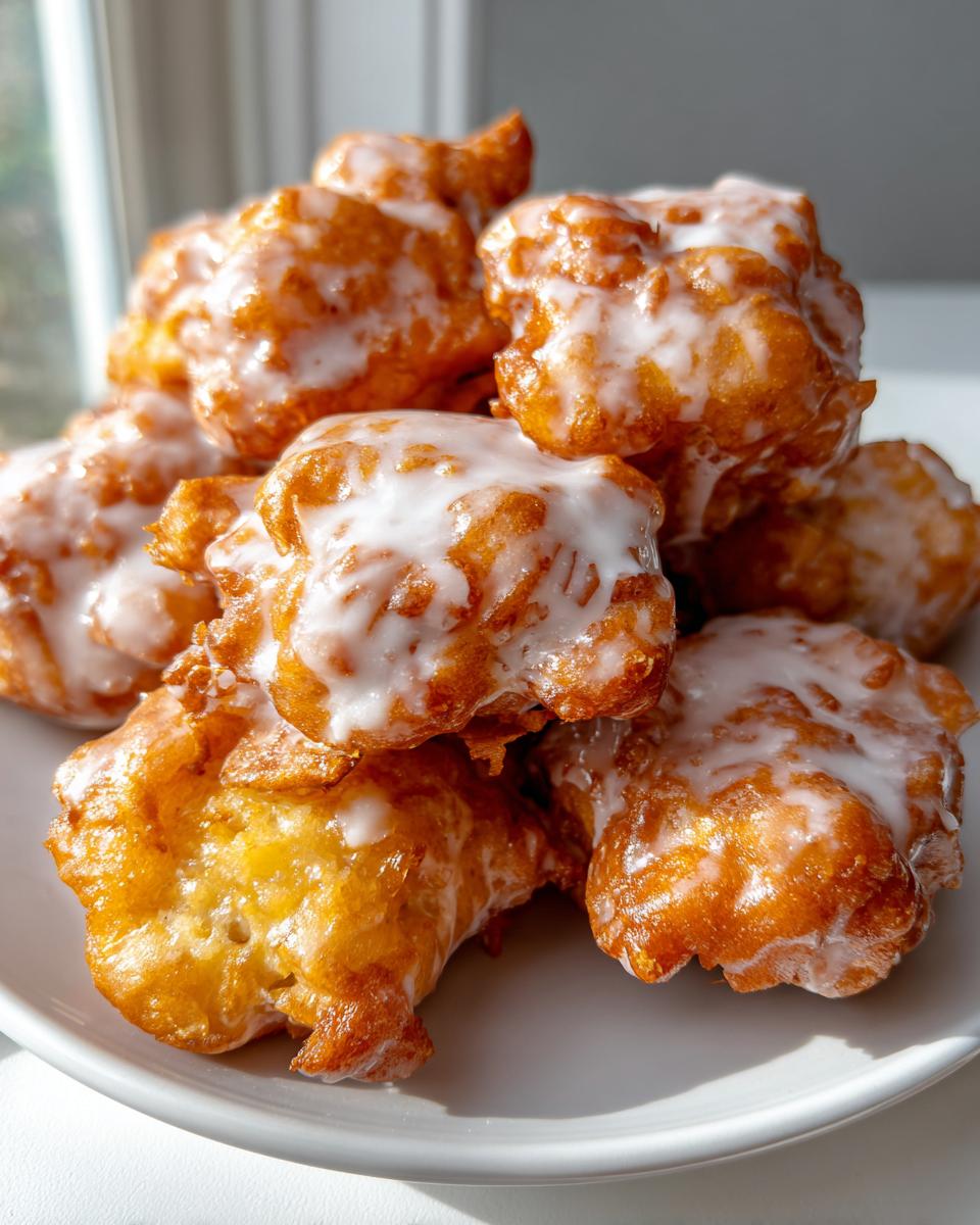 A delicious stack of golden brown, irregularly shaped apple fritter pieces generously drizzled with white glaze.