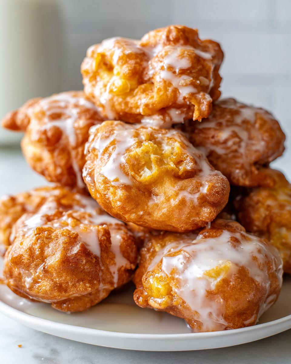 A close-up stack of golden brown, freshly fried apple fritter pieces drizzled generously with white glaze.