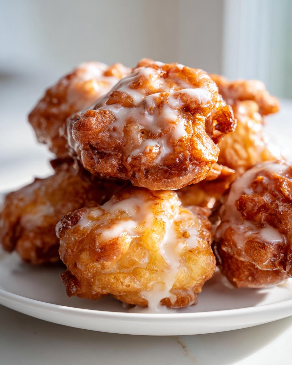 Close-up of a stack of golden brown, freshly fried apple fritter pieces drizzled with white glaze.