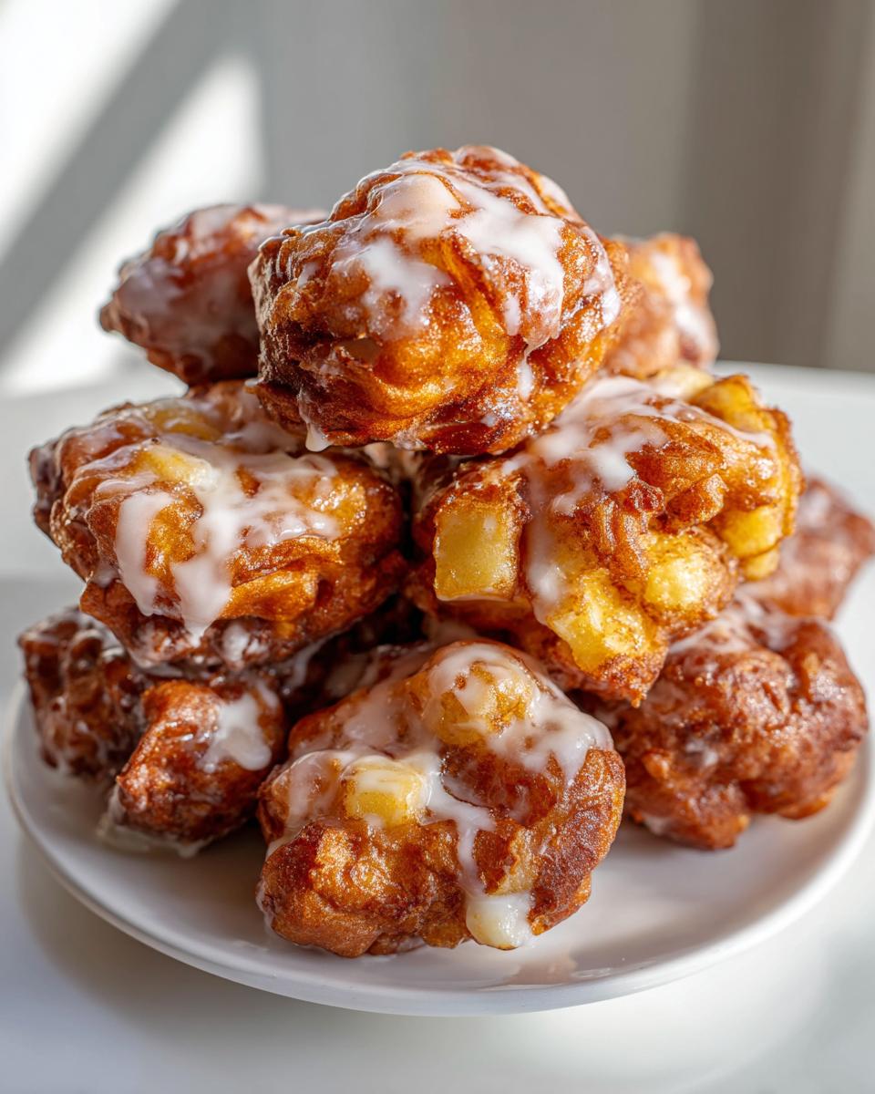 A tall stack of golden brown, glazed apple fritter pieces piled high on a white plate.