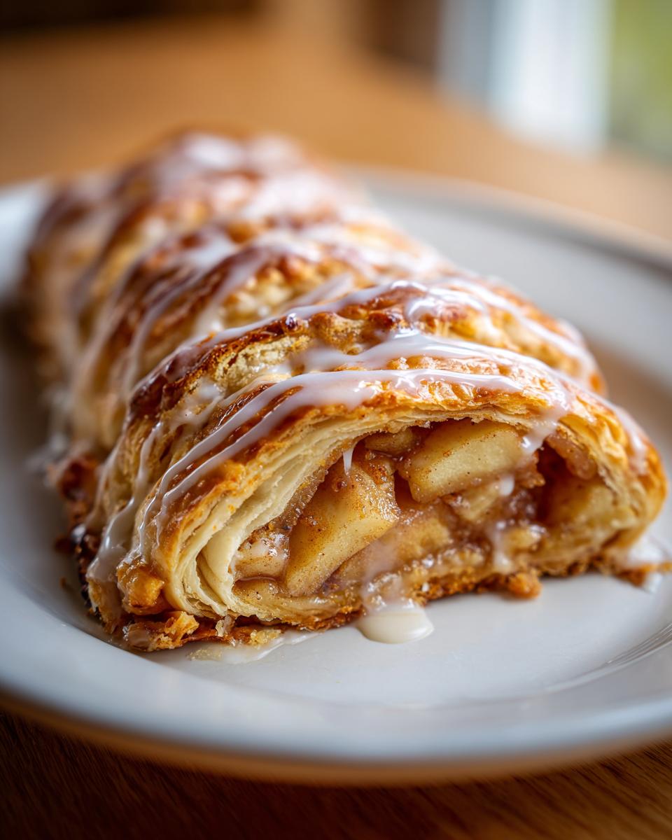 Close-up of a freshly baked apple strudel slice, showing flaky pastry and cinnamon apple filling drizzled with white glaze.