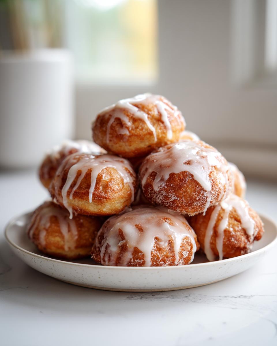 A stack of golden brown baked apple fritters drizzled with white vanilla glaze on a speckled white plate.