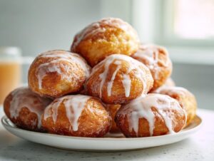 A stack of golden brown baked apple fritters generously drizzled with white glaze.