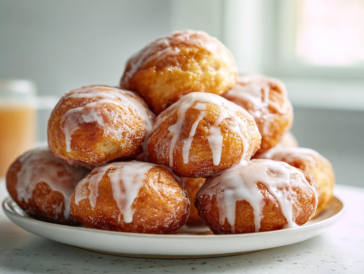 A stack of golden brown baked apple fritters generously drizzled with white glaze.