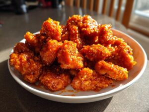 A white bowl filled with crispy, glazed pieces of bang bang chicken, glistening under natural light.