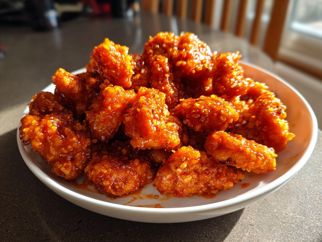 A white bowl filled with crispy, glazed pieces of bang bang chicken, glistening under natural light.