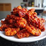 Close-up of crispy, glazed bang bang chicken pieces piled high on a white plate.