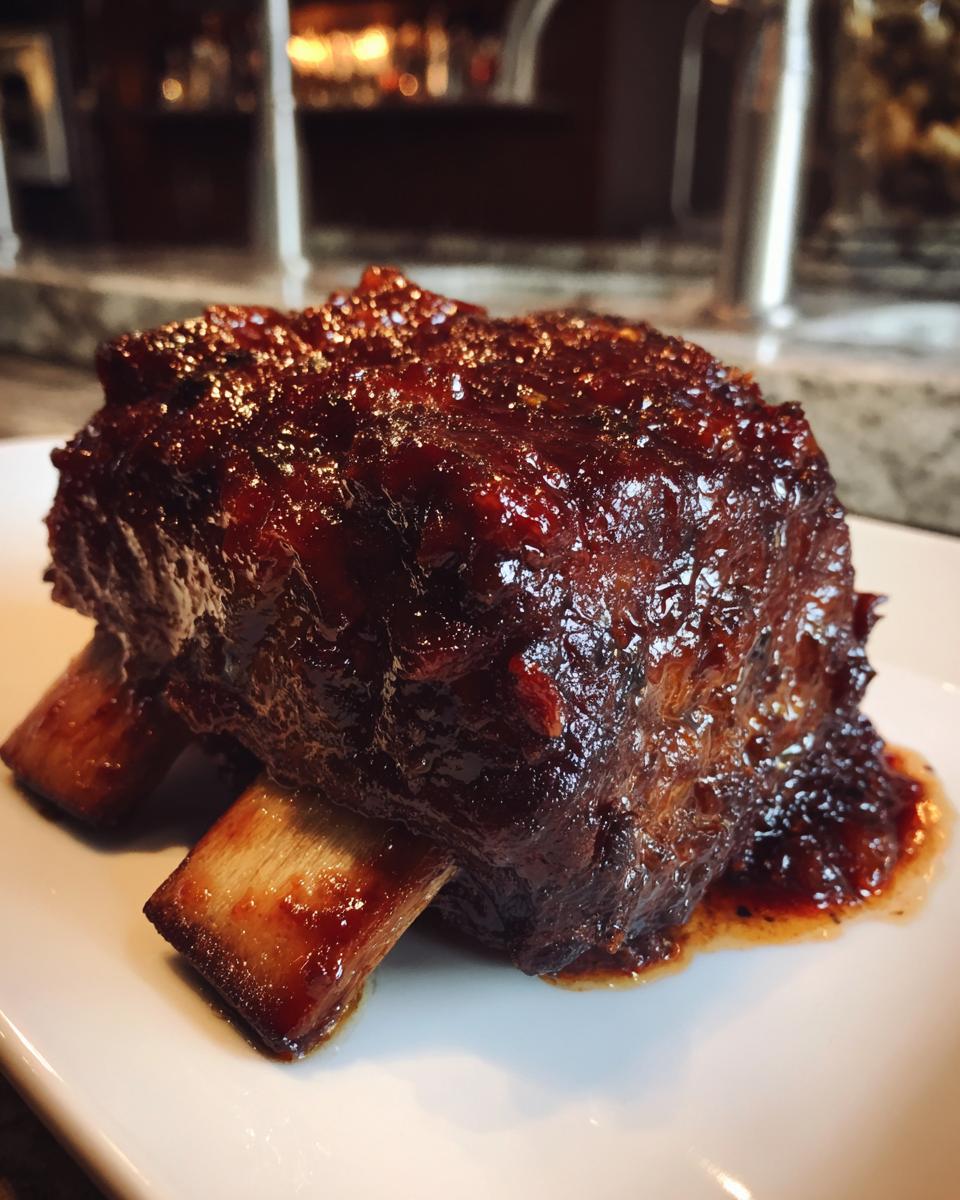 Close-up of a single, heavily glazed portion of braised short ribs resting on a white plate.