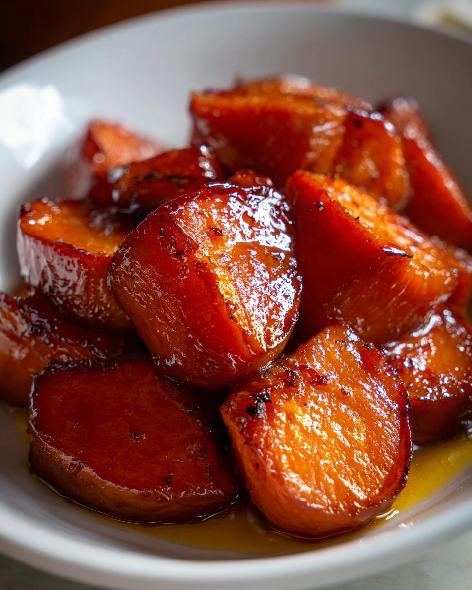 Close-up of thick-cut, glossy candied sweet potatoes coated in a rich, caramelized syrup.