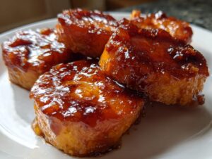 Four thick slices of candied sweet potatoes covered in a thick, shiny, dark amber glaze.