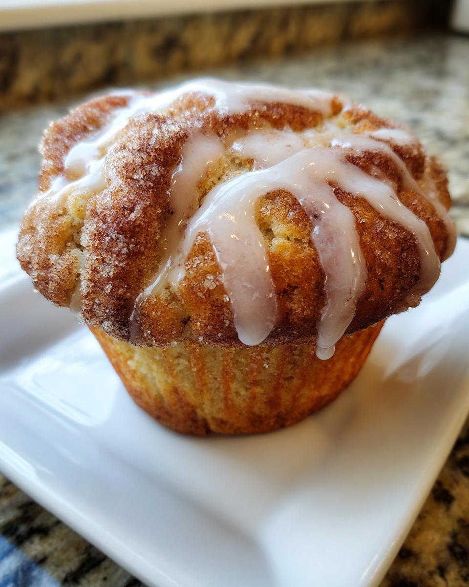 Close-up of a freshly baked cinnamon roll muffin topped with cinnamon sugar and white glaze.