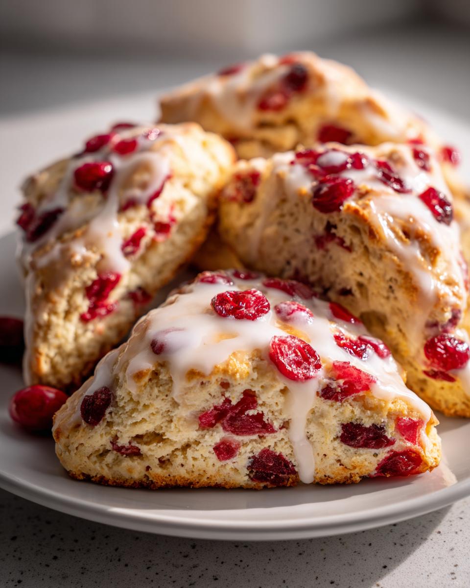 A close-up of several delicious cranberry scones topped with white vanilla glaze, showcasing the bright red fruit inside.