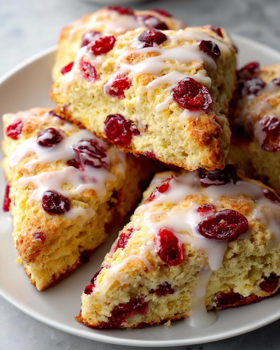 Close-up of several freshly baked cranberry scones, drizzled with white icing, piled on a white plate.