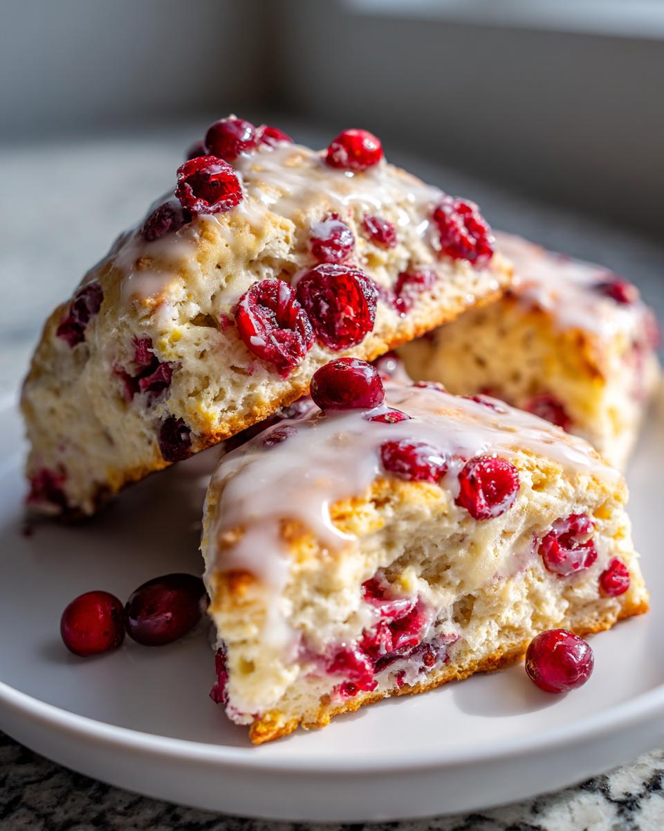 Two triangular cranberry scones topped with white glaze and studded with bright red cranberries.