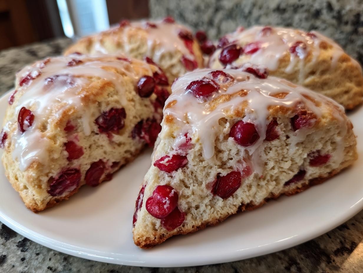 Four freshly baked cranberry scones drizzled with white glaze, prominently featuring the red cranberries inside.
