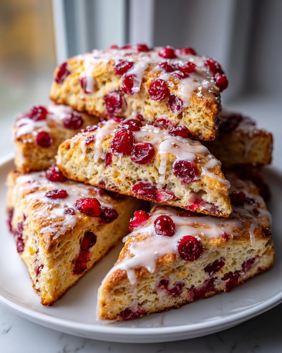 A stack of freshly baked cranberry scones topped with a white glaze, featuring bright red dried cranberries.