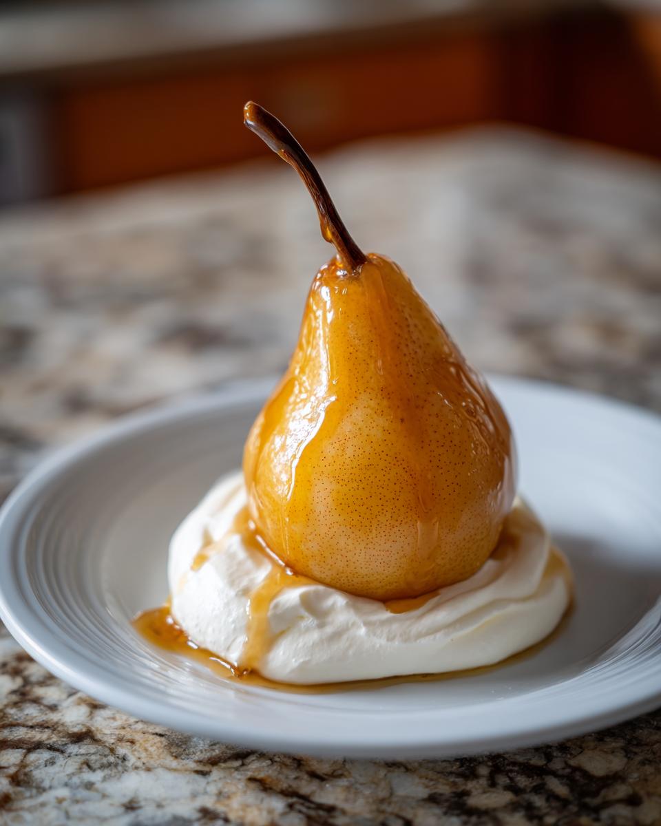 A beautifully glazed poached pear served atop a swirl of whipped cream on a white plate.